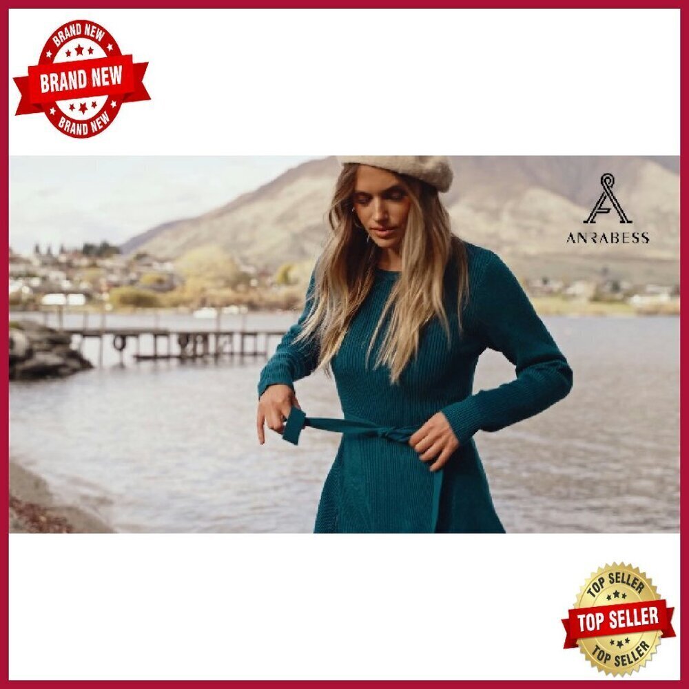 Long Sleeve Midi Dress Ribbed Knit Tie Waist Bodycon Fall Casual - Picture 8 of 8